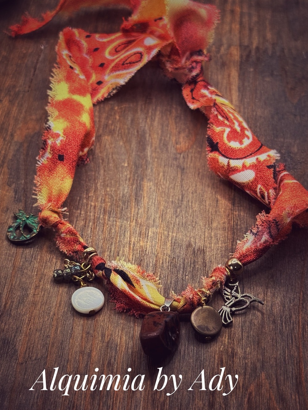 MAHOGANY JASPER Orange Paisley Fabric Charm Necklace